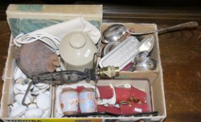 Mixed lot of collectables including silver plate, Crown Devon part coffee set, table lamp, door