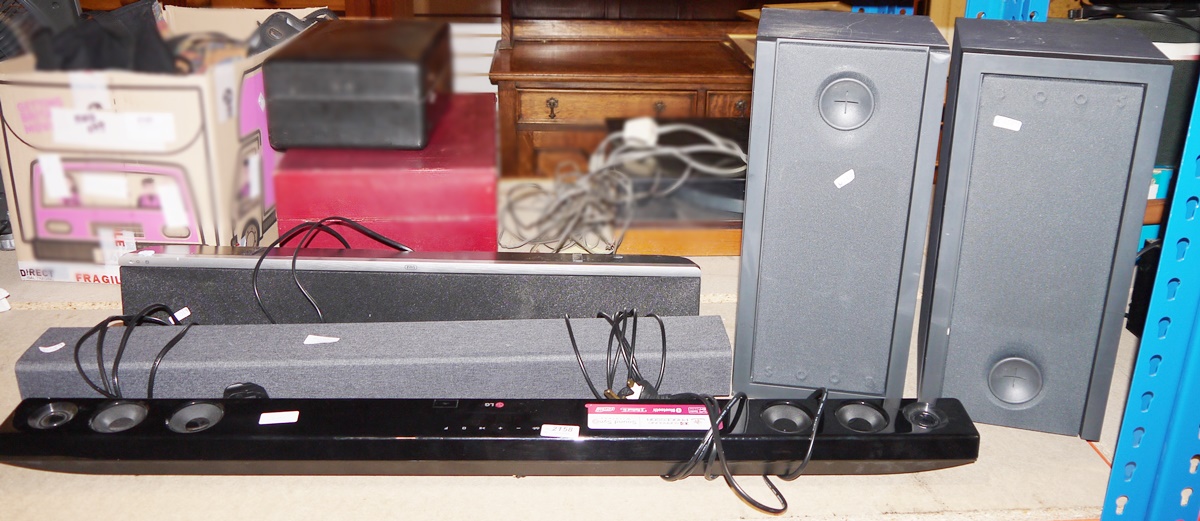Collection of sound equipment including three sound bars (two being LG), pair of Home Theatre