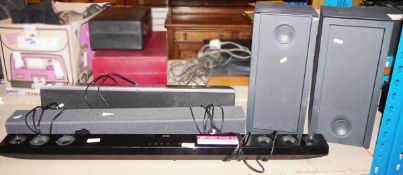 Collection of sound equipment including three sound bars (two being LG), pair of Home Theatre