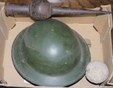 WWII British Army Brodie helmet mark 2, stone cannonball and iron spearhead. (1 box) Condition