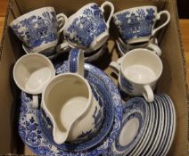 Willow pattern part service 'Churchill made in Staffordshire' and other items (2 boxes)