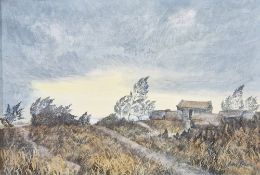 Alan Starrle? Oil on canvas Windswept coastal path with small wooden barn, signed lower right, 23
