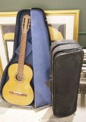 Cased Spanish guitar by Hjos de Vicente Tatay together with an empty violin case (2)
