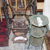 Singer sewing machine treadle base in cast iron, a green painted metal plant stand, 64cm high, an