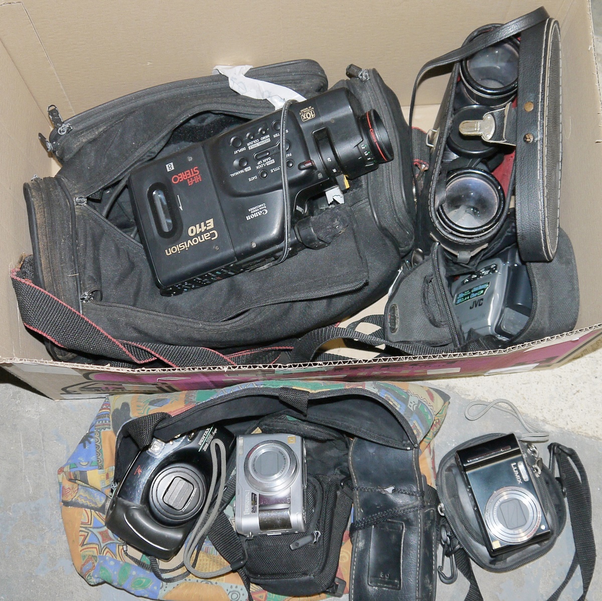 Mixed lot of cameras including Panasonic lumix x 2, Pentax zoom 105 super, Pentax ESPIO 135m, JVC
