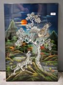 Vietnamese wall hanging with mother-of-pearl inlay and lacquer showing an eagle fighting with a