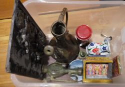 Various house plant holders, a Burleighware vase, an Eastern copper water carrier, framed prints,