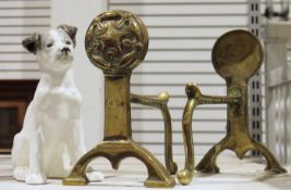 Pair of late 19th/early 20th century brass andirons with Tudor rose motifs to finials, 20cm high,