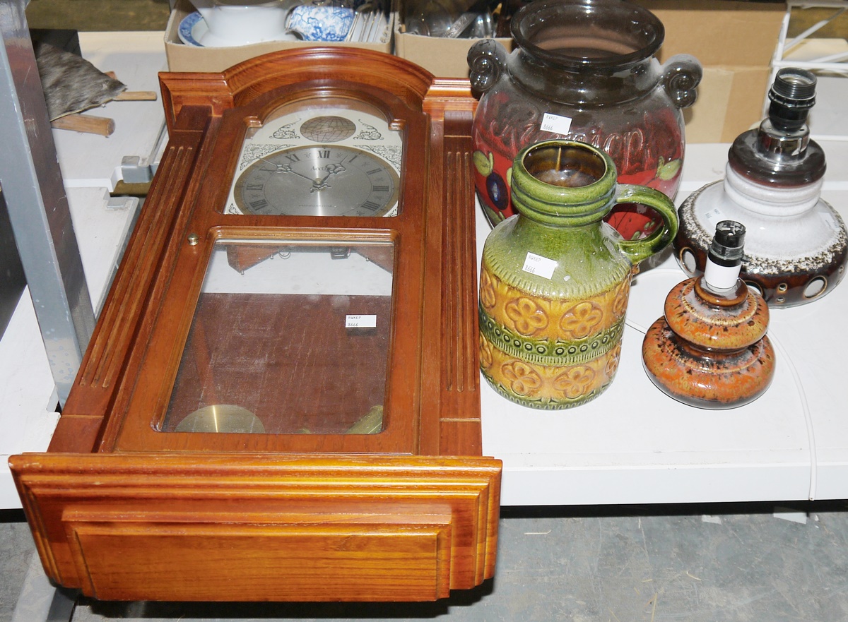 Mid century West German pottery green and mustard glazed handled vase, two West German style pottery