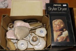 Vintage Pifco Styler dryer in original box with accessories, 1950's dressing table sets of mirror,