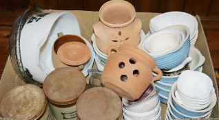 Mixed lot of kitchen ceramics including blue ribbed stoneware bowls, Moira storage jars, small
