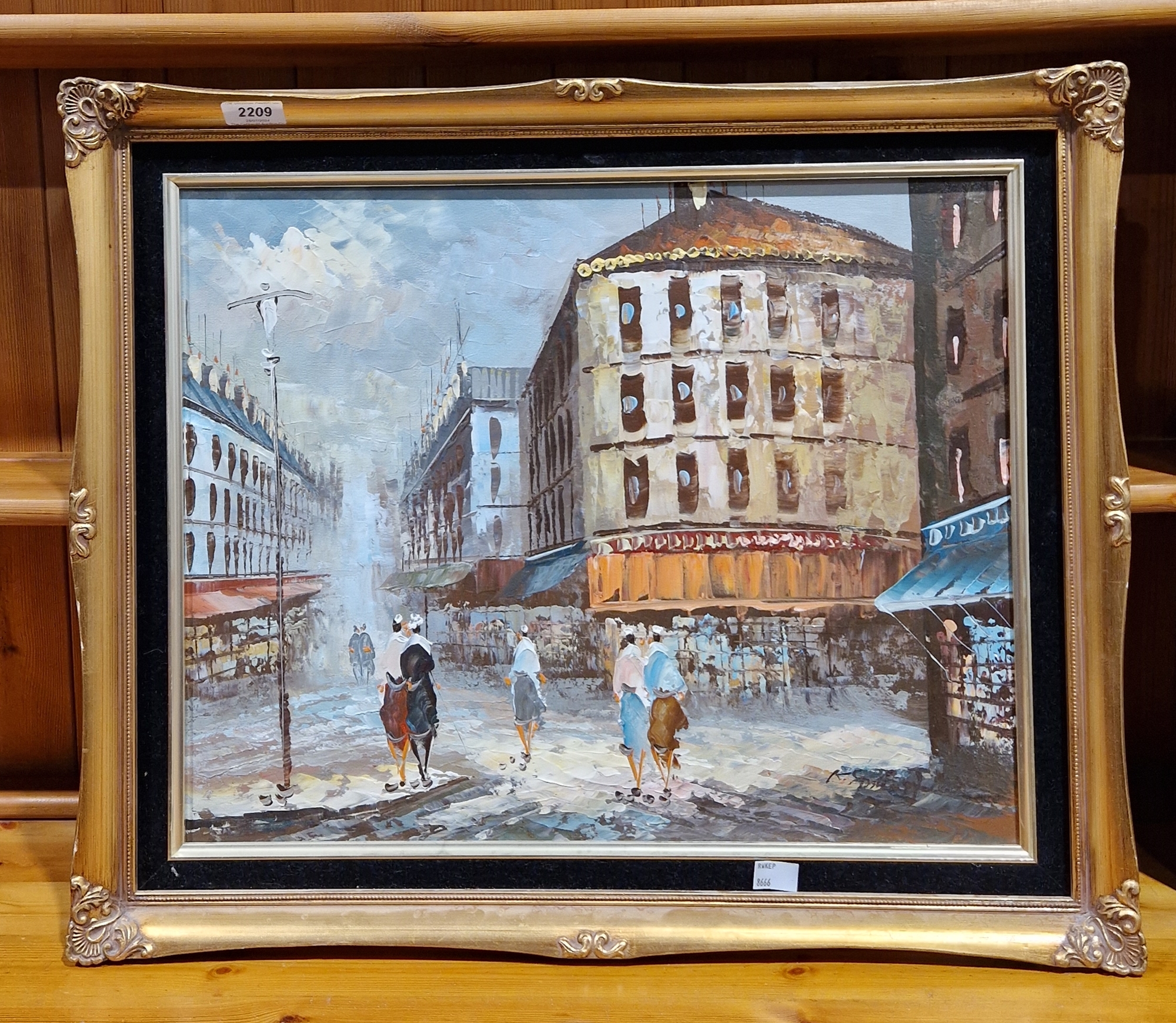 Oil on canvas  Parisian street scene, signed indistinctly lower right, 39cm x 49cm, black velvet - Image 2 of 3