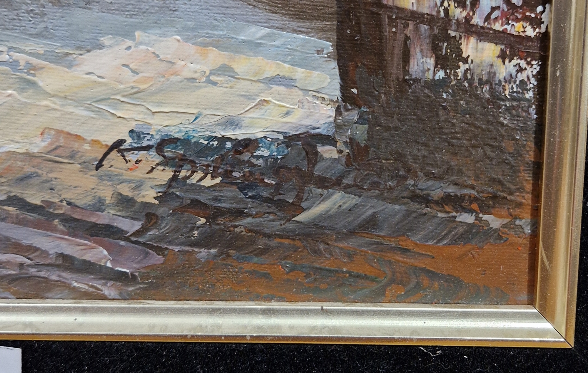 Oil on canvas  Parisian street scene, signed indistinctly lower right, 39cm x 49cm, black velvet - Image 3 of 3