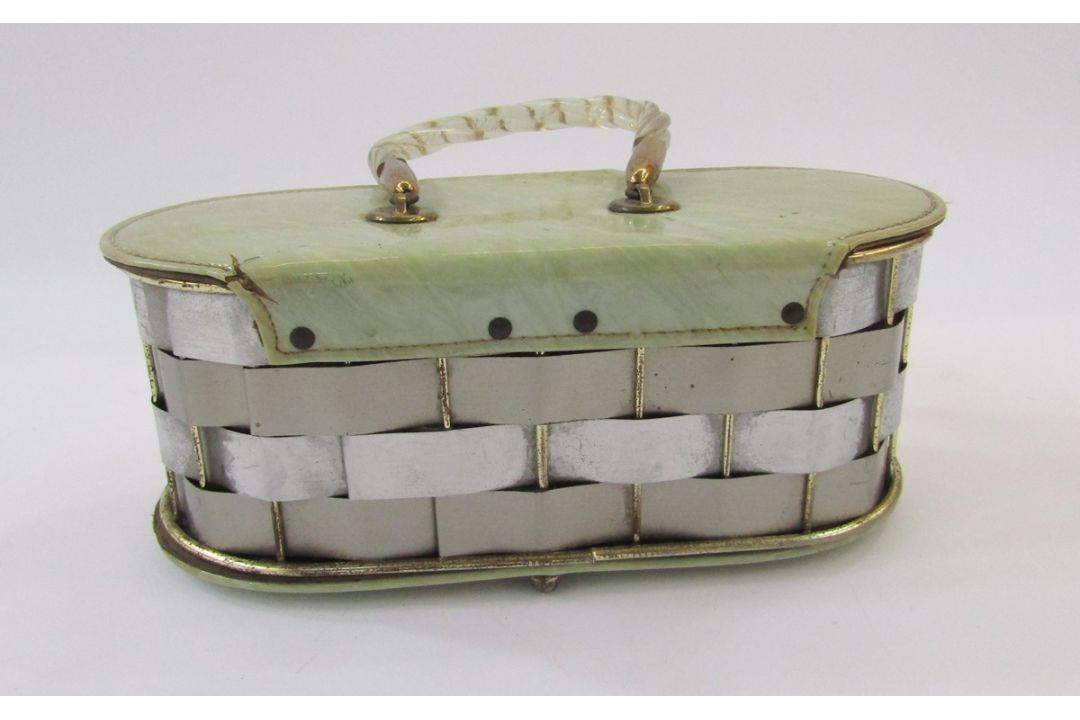 1950's Dorset Rex Fifth Avenue style woven metal and plastic, oval shaped bag, mirror inset lid, - Image 2 of 4