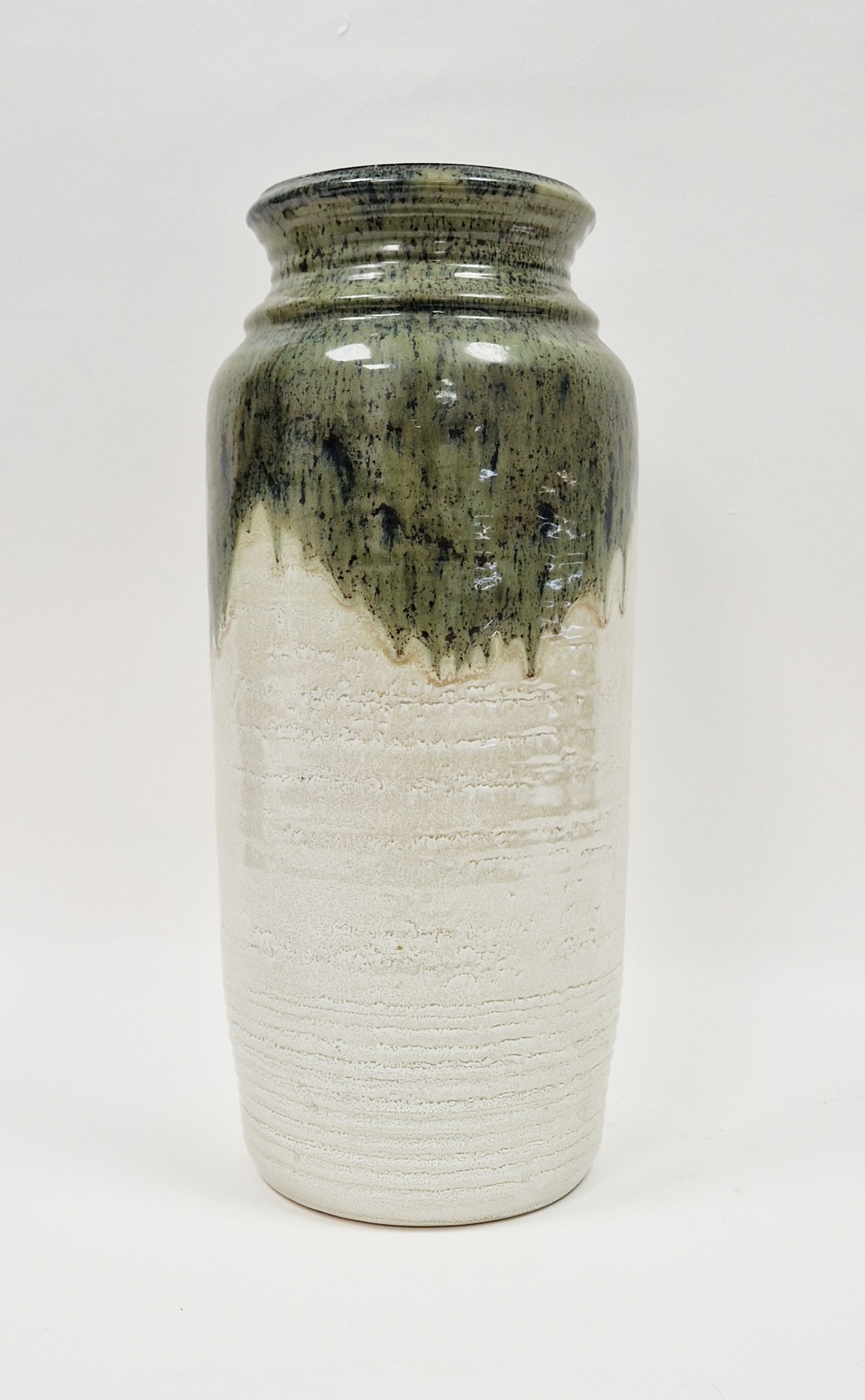 Large mid century West German vase by Bay Keramik, moss green drip glaze on off-white ground,