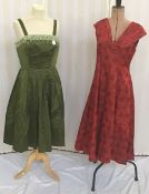 1950's evening dresses - green satin cocktail dress, bell skirt, the bodice embroidered with faux
