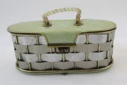 1950's Dorset Rex Fifth Avenue style woven metal and plastic, oval shaped bag, mirror inset lid,