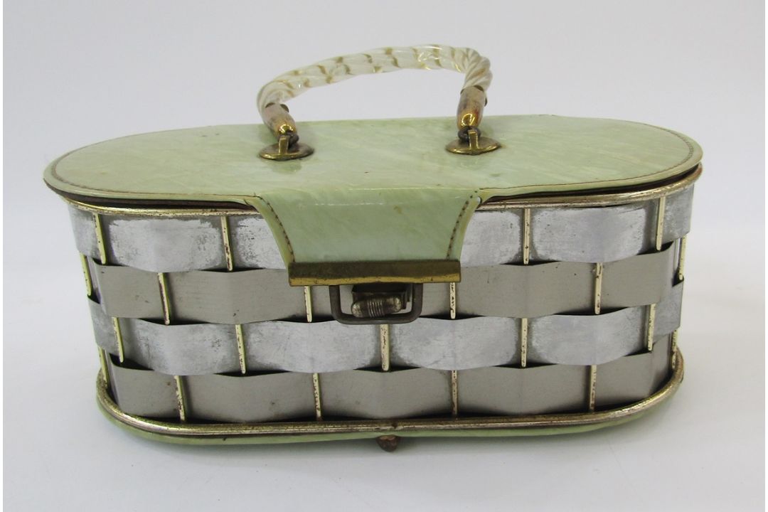 1950's Dorset Rex Fifth Avenue style woven metal and plastic, oval shaped bag, mirror inset lid, - Image 1 of 4