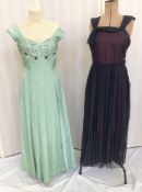 Various 1940's/'50's evening dresses to include pale turquoise satin dress with broad shoulder