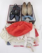 A Philip Somerville orange cloche hat with ribbon bow detail, a pair of blue leather slingback shoes