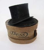 Black top hat, size 15 (worn), a collapsible opera hat, labelled GIBS and a cardboard hatbox