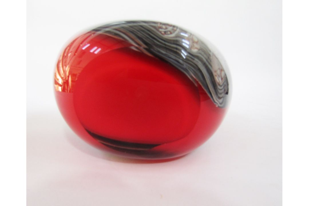 Large art glass vase of flattened ovoid form with multi-coloured swirls on red ground, possibly - Image 2 of 6