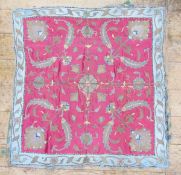 Embroidery, possibly late 17th/early 18th century, silk, silver and gold metal thread, on a red silk