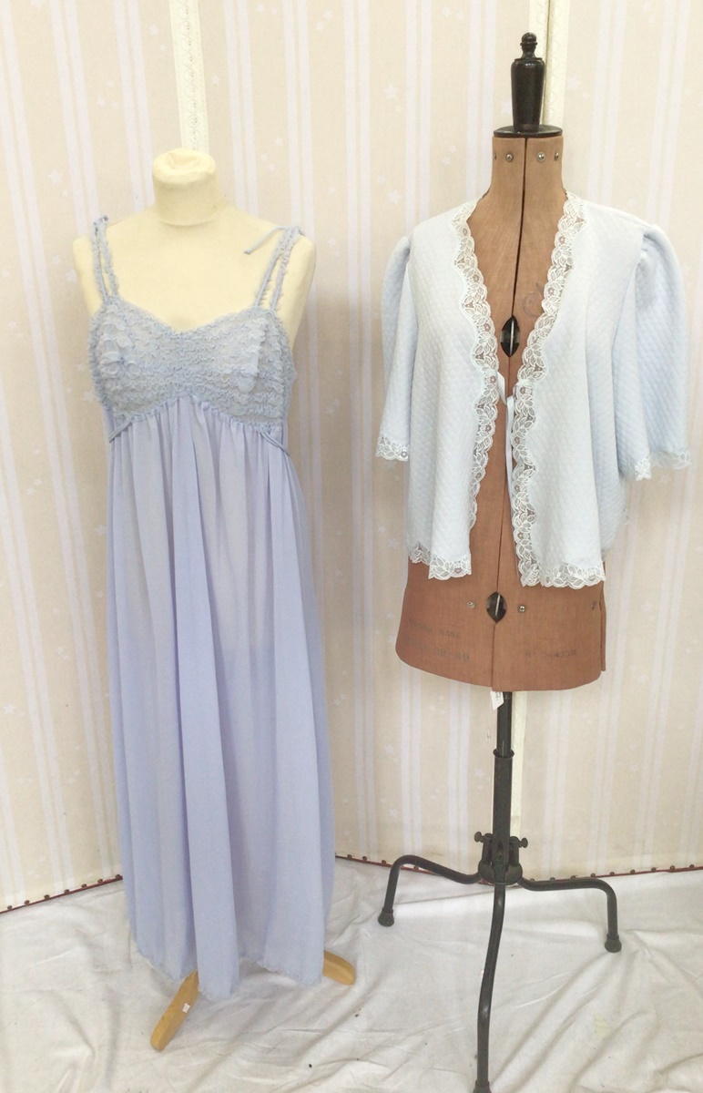 A 1940's apricot silk night gown or slip, labelled Fascinette, a blue nylon nightgown with ruffled - Image 2 of 3