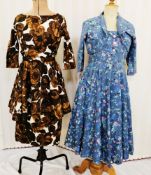 Late 1950's/'60's cotton dress, printed with various shades of brown flowers on a white ground,