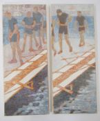 Glenn Lowcock Oil on canvas (two panels) Rowers, unsigned, unframed, 50cm x 20cm