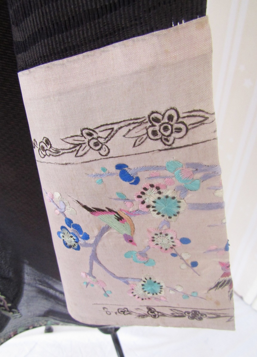 Vintage Chinese robe - bought in the mid 1930's, black open work silk, with embroidered detail to - Image 2 of 12