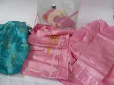 1960's pink satin pajama set, embroidered with gold thread and white lace detail, the dressing