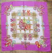 Hermes silk scarf - 'Les Rubans de Cheval' designed by Joachim Metz 1993, bright pink border,