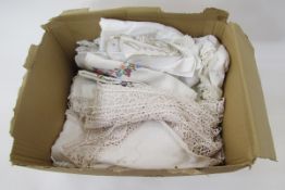 Vintage fine cotton table cloth with deep lace border and central circle and cut and drawn thread