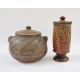 A large studio pottery lidded casserole with pale pink and blue hue glazed resist decoration on - Image 1 of 2