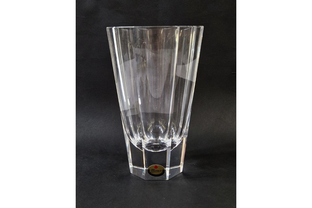 A Moser clear glass 'Purity' vase of octagonal tapering form, acid etched mark to base, 22cm high,