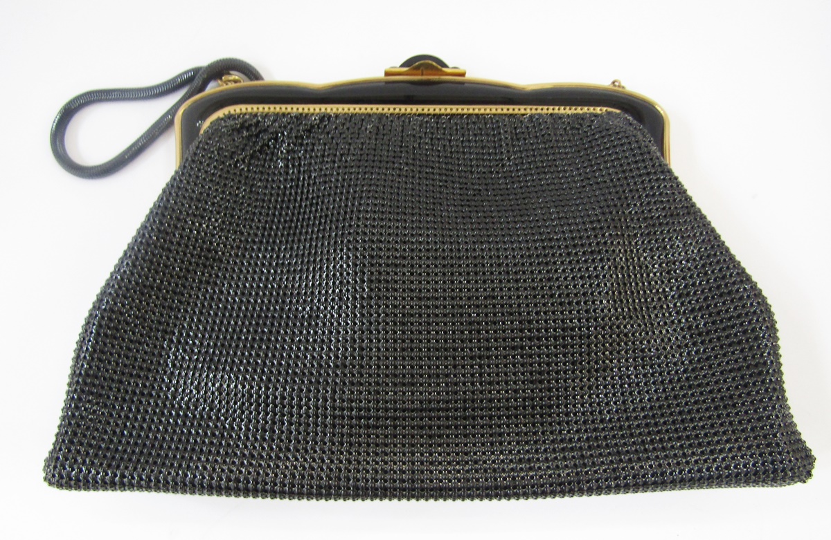 A black vintage evening bag labelled 'Oroton', black enamel and gilt metal fixed frame with single - Image 3 of 9