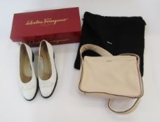 Salvatore Ferragamo white leather pumps with black suede heels, 'Daniella'  size 5.5, in original