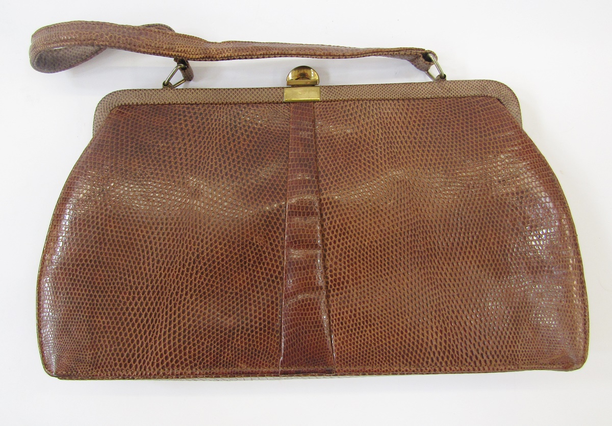 Two vintage Mappin and Webb lizard skin handbags, fixed frame, gilt metal hardware, single strap - Image 5 of 5