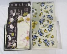 Longchamp silk scarf - pale pink peonies on a cream ground with black border showing gardening pots,
