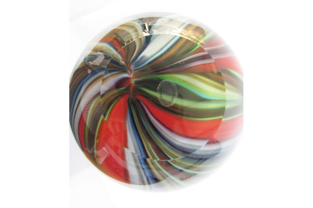 Large art glass vase of flattened ovoid form with multi-coloured swirls on red ground, possibly - Image 6 of 6
