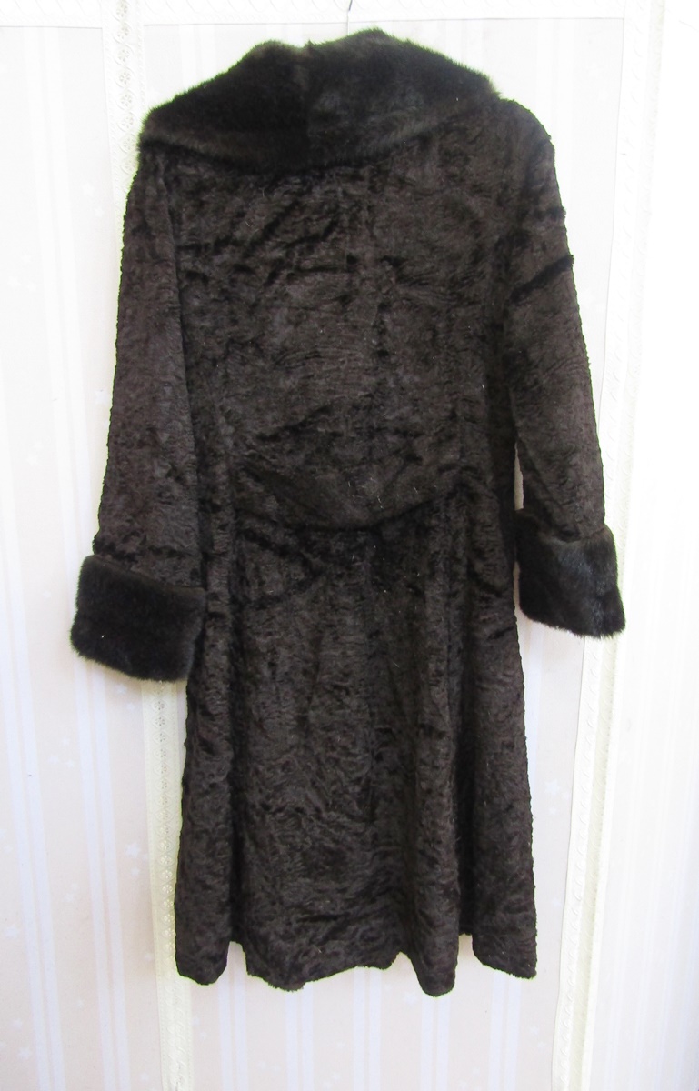 A vintage black faux astrakhan coat with black mink collar and deep cuffs, double breasted and - Image 3 of 5
