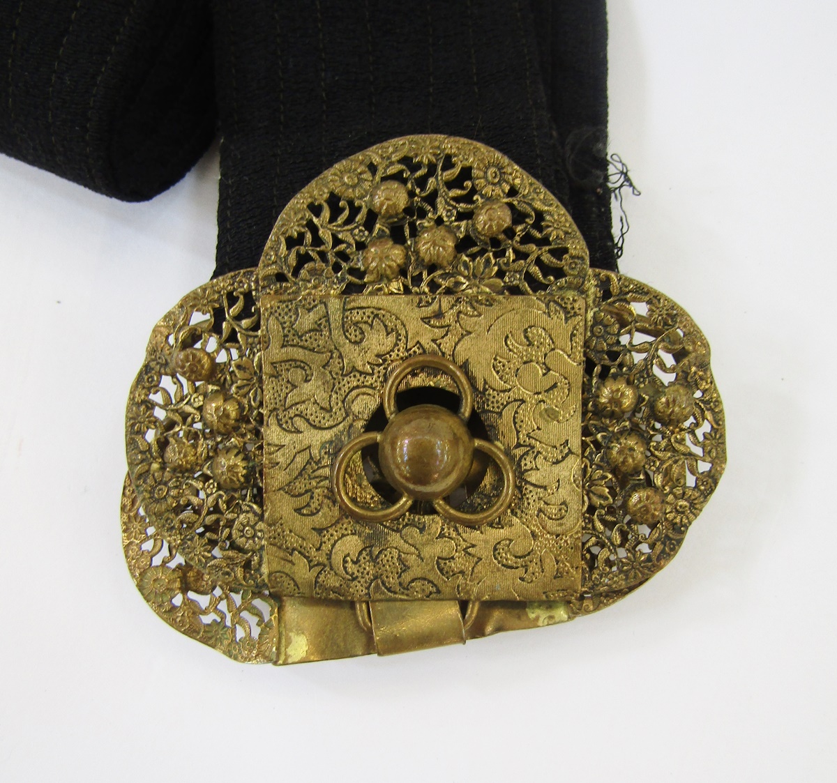 A black vintage evening bag labelled 'Oroton', black enamel and gilt metal fixed frame with single - Image 5 of 9