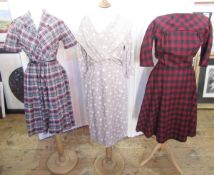 1950's wool shirt dress printed blue black grey abstract pattern, blue button fastening, three