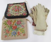 Vintage petitpoint evening bag, depicting roses, fixed frame, gilt metal hardware, a faux agate