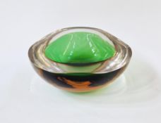 Murano glass Sommerso Geode bowl of triangular form, amber and green colourway, 7cm high, 18cm