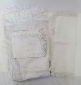 Child's monogrammed linen eiderdown cover with fine lawn filled edge and drawn thread work, and a