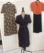 Mixed vintage dresses to include brown cocktail dress labelled Carnegie, with black embroidery,