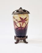 Daum Nancy vase with later metal stand and cover, 17 cm overall