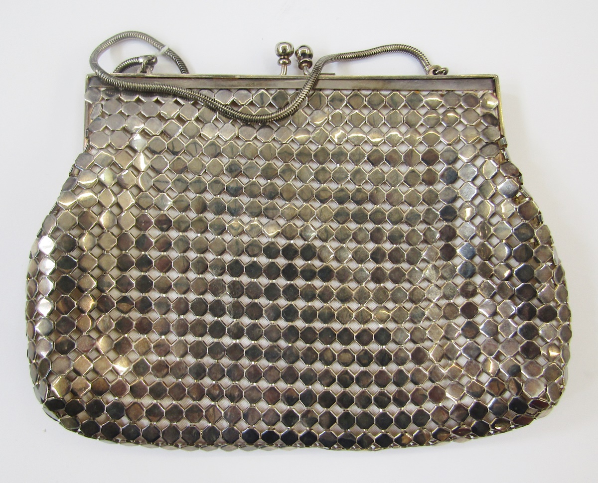 A black vintage evening bag labelled 'Oroton', black enamel and gilt metal fixed frame with single - Image 4 of 9
